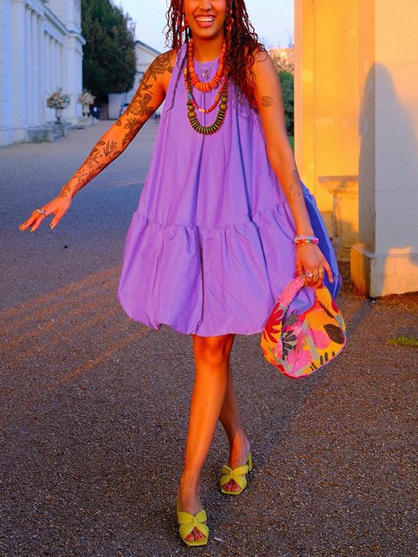 High Waisted Loose Pleated Solid Color Round-Neck Mini Dresses Product Image