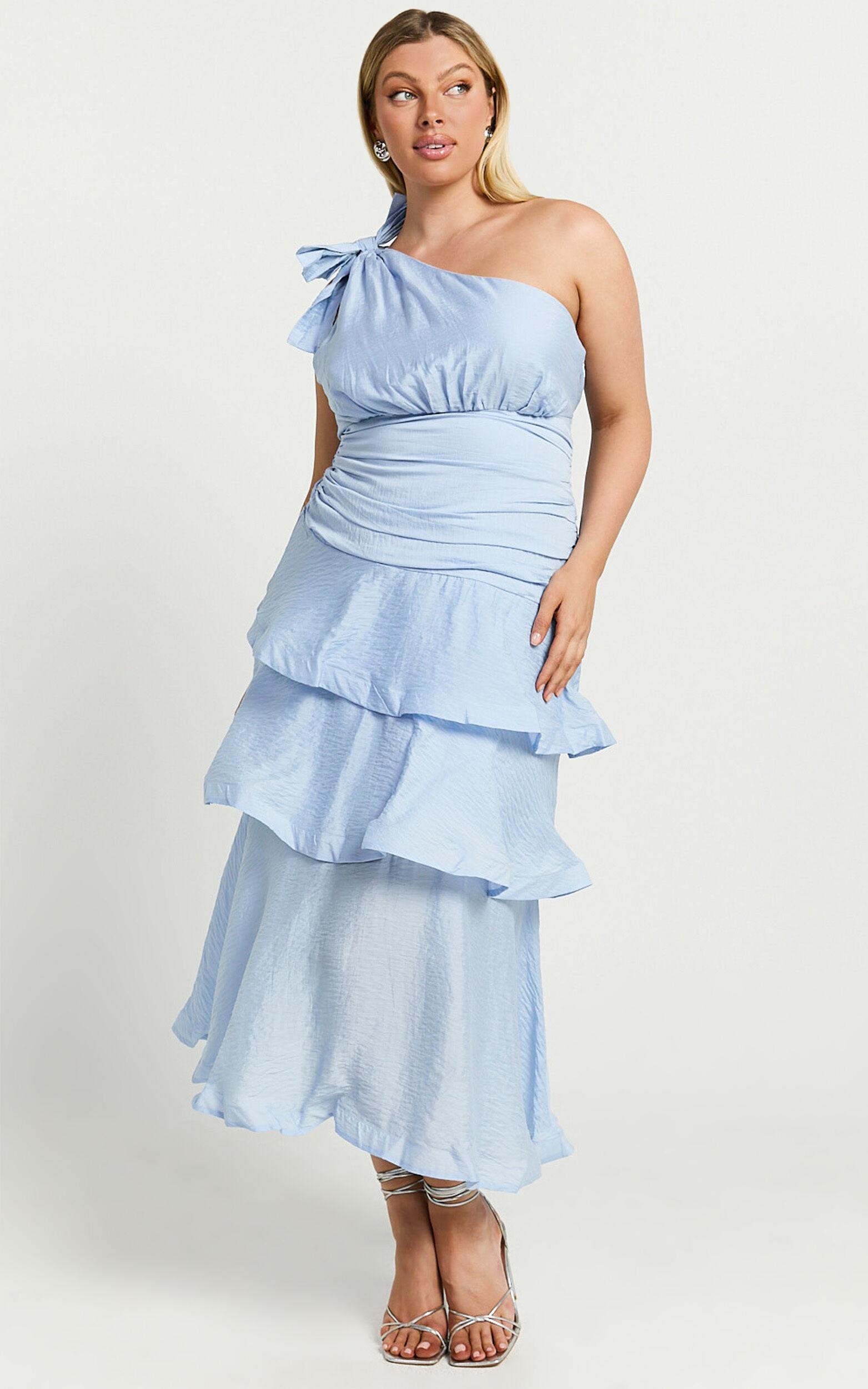 Eugenia Midi Dress - One Shoulder Fit and Flare Layered Dress in Pale Blue Product Image