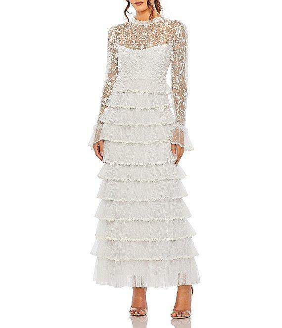 Mac Duggal Embroidered Crew Neck Long Sleeve Tiered Ruffled Hem Maxi Dress Product Image