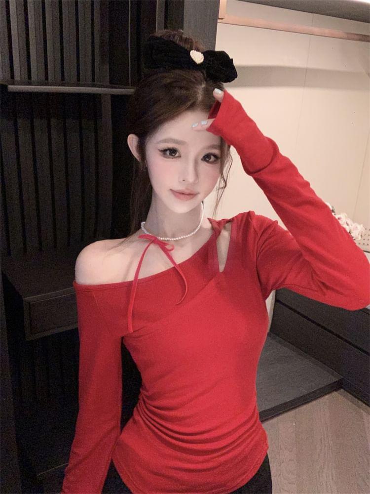 Long Sleeve One Shoulder Plain Mock Two Piece Ruched Top Product Image
