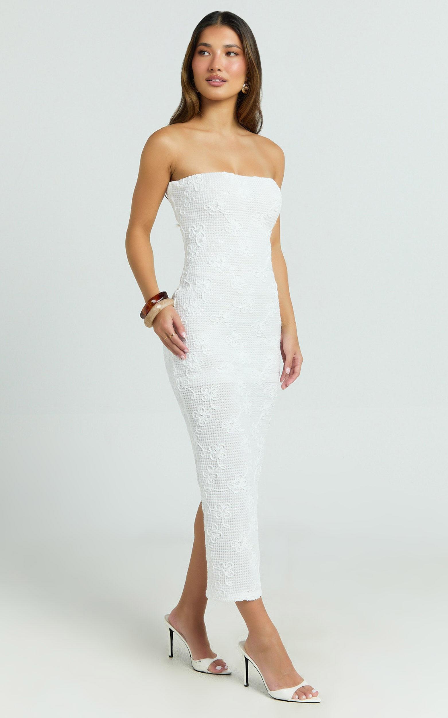 Jamil Midi Dress - Strapless Fitted Jersey Dress in White Product Image