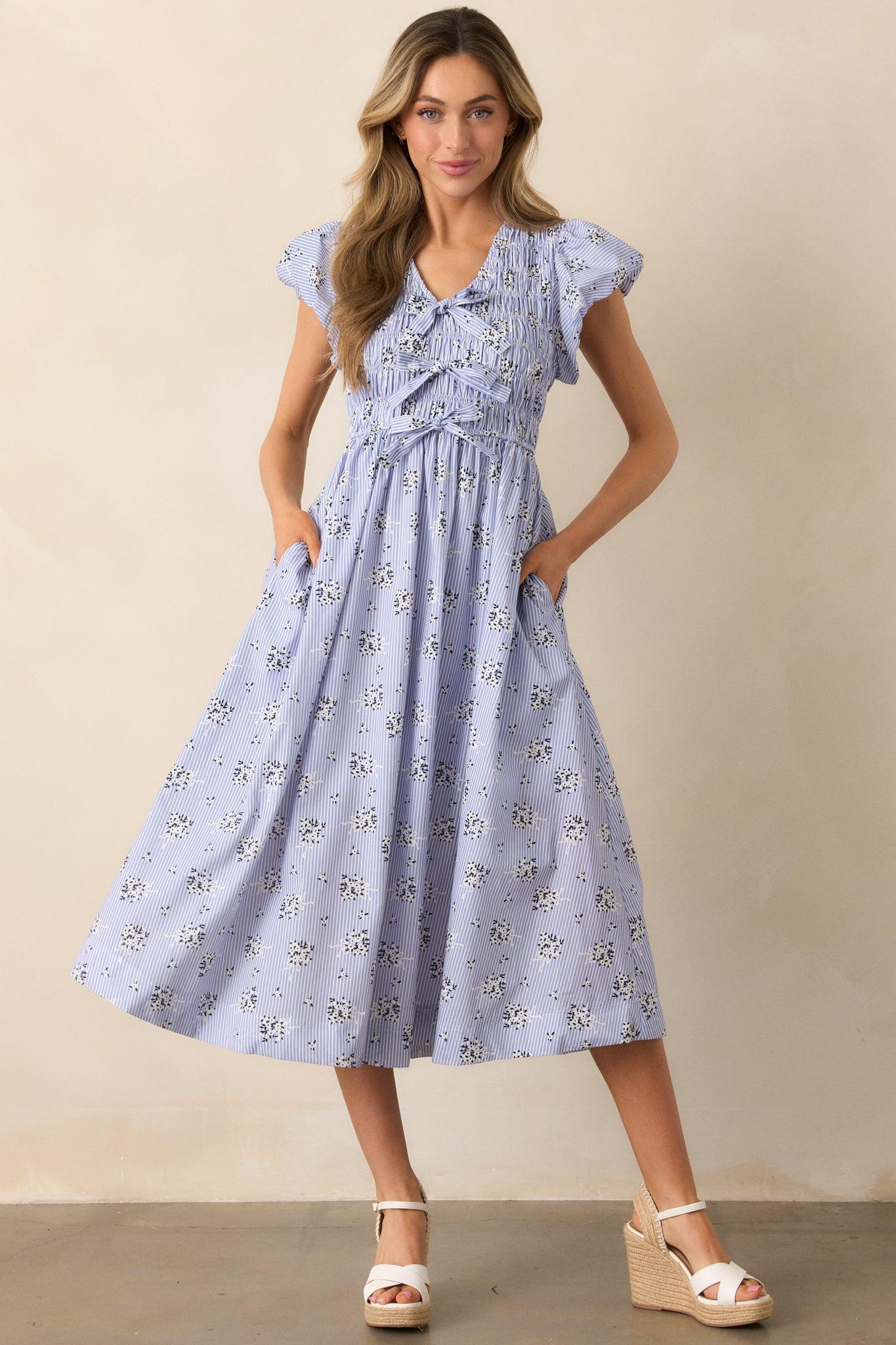 On A Good Note Blue Stripe Floral Cotton Midi Dress Product Image