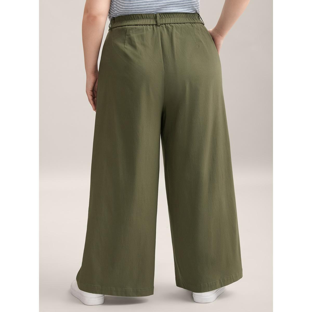 Plus Size Drawstring Pockets Wide-Leg Pants Women ArmyGreen Casual Wide Leg Mid Rise Everyday-Casual Pants BloomChic 30/6X Product Image
