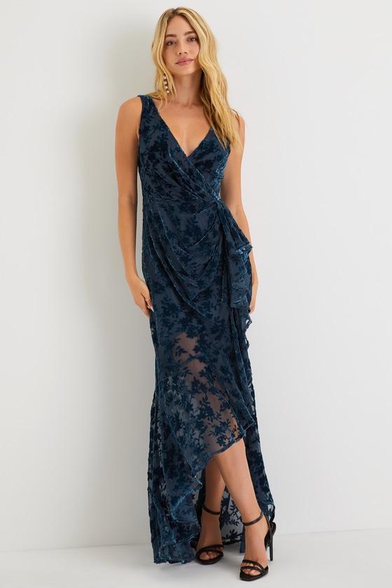 Enchanting Impression Teal Blue Floral Velvet Ruffled Maxi Dress Product Image
