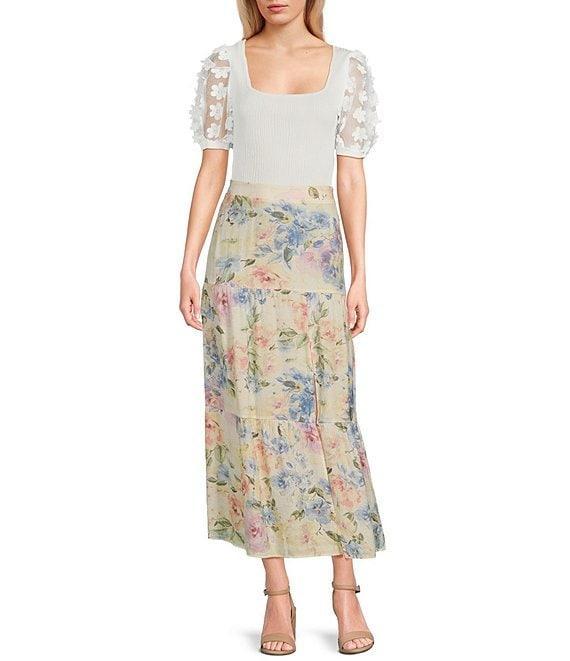 I.N. San Francisco Watercolor Floral Print Tiered Side Slit Maxi Skirt Product Image