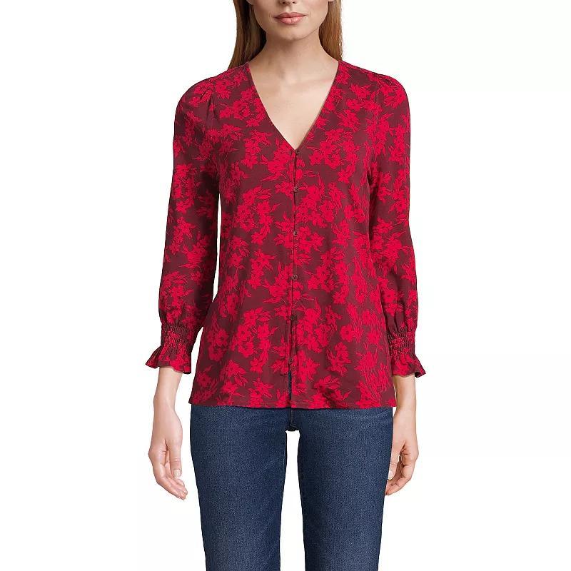 Petite Lands' End 3/4 Sleeve Lightweight Jersey Button Front Top, Women's, Size: Small Petite, Deep Green Product Image