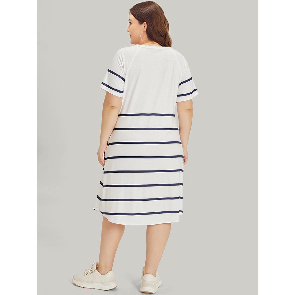 Plus Size Striped Button Through Pocket Raglan Sleeve Dress White Women Casual Contrast Round Neck Short sleeve Curvy Midi Dress BloomChic 12/L Product Image
