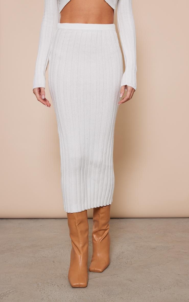 White Wide Rib Knit Midaxi Skirt Product Image