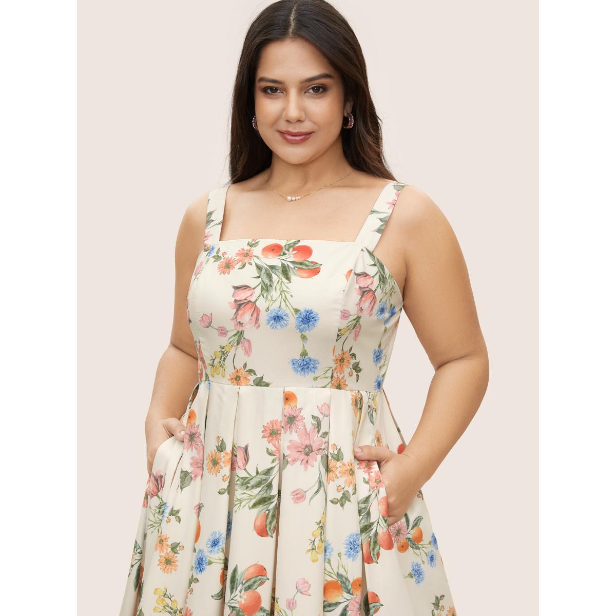 Plus Size Citrus Orange Print Plicated Detail Cami Dress Apricot Women Elegant Pleated Non Sleeveless Curvy BloomChic 30/6X Product Image