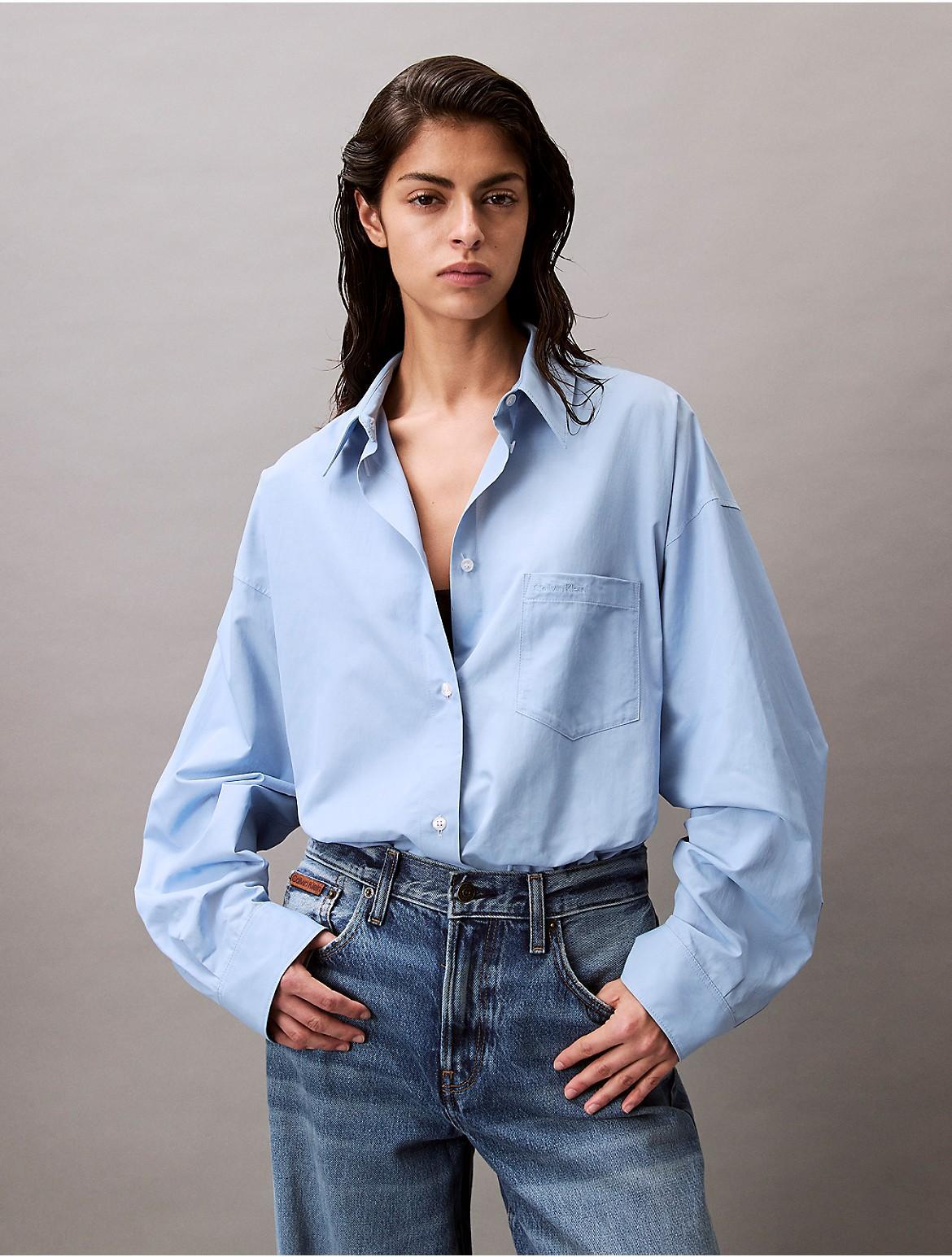 Calvin Klein Womens Viscose Blend Relaxed Button-Down Shirt - Blue Product Image