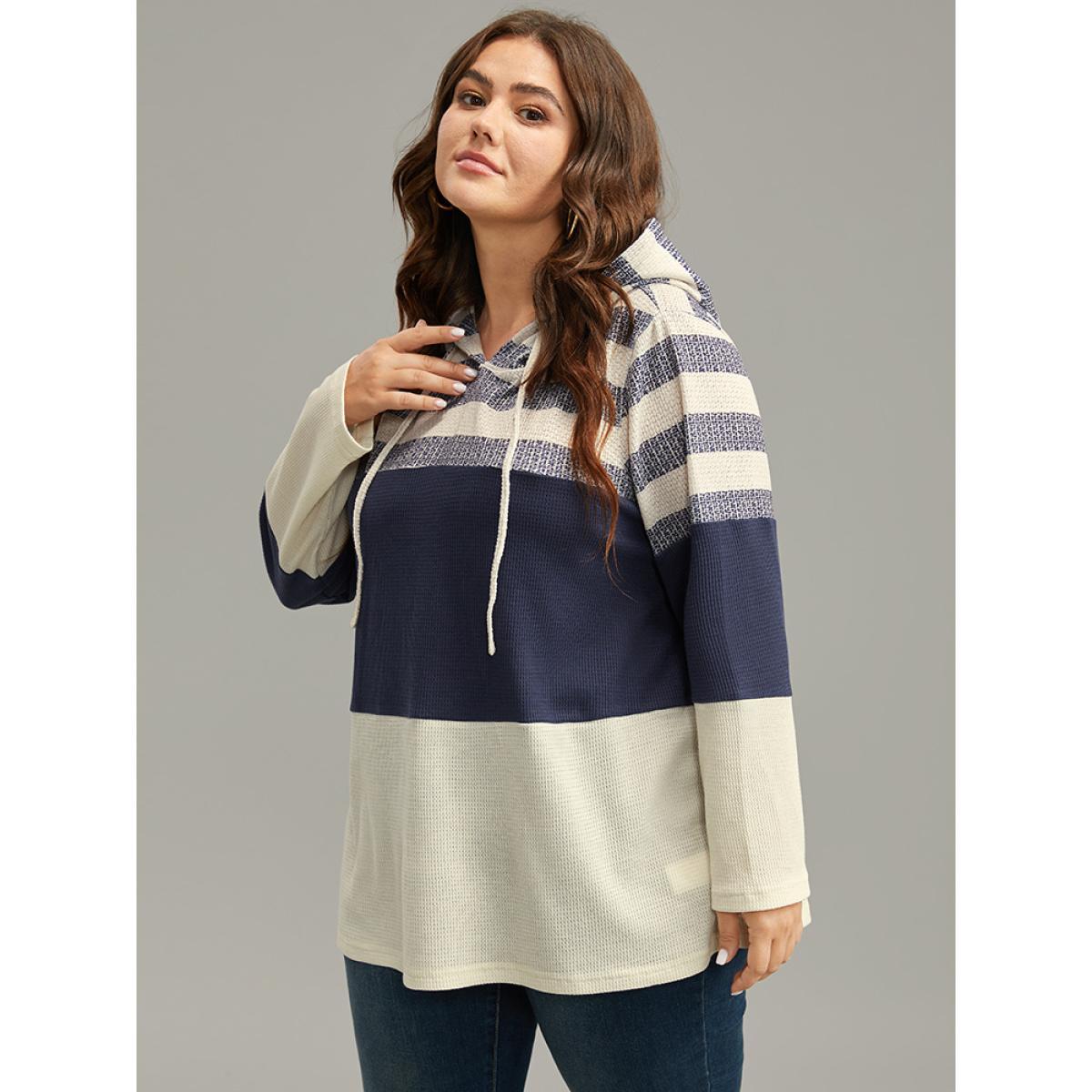 Plus Size Waffle Knit Striped Colorblock Hooded Sweatshirt Women Indigo Casual Contrast Hooded Dailywear Sweatshirts BloomChic 26/4X Product Image