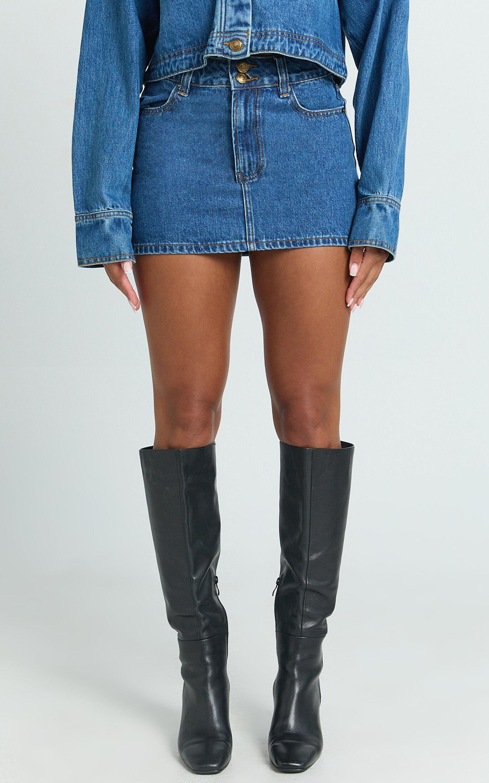 Pamela Mini Skirt - Low Rise Double Button Recycled Denim Skirt in Dark Blue Wash Product Image