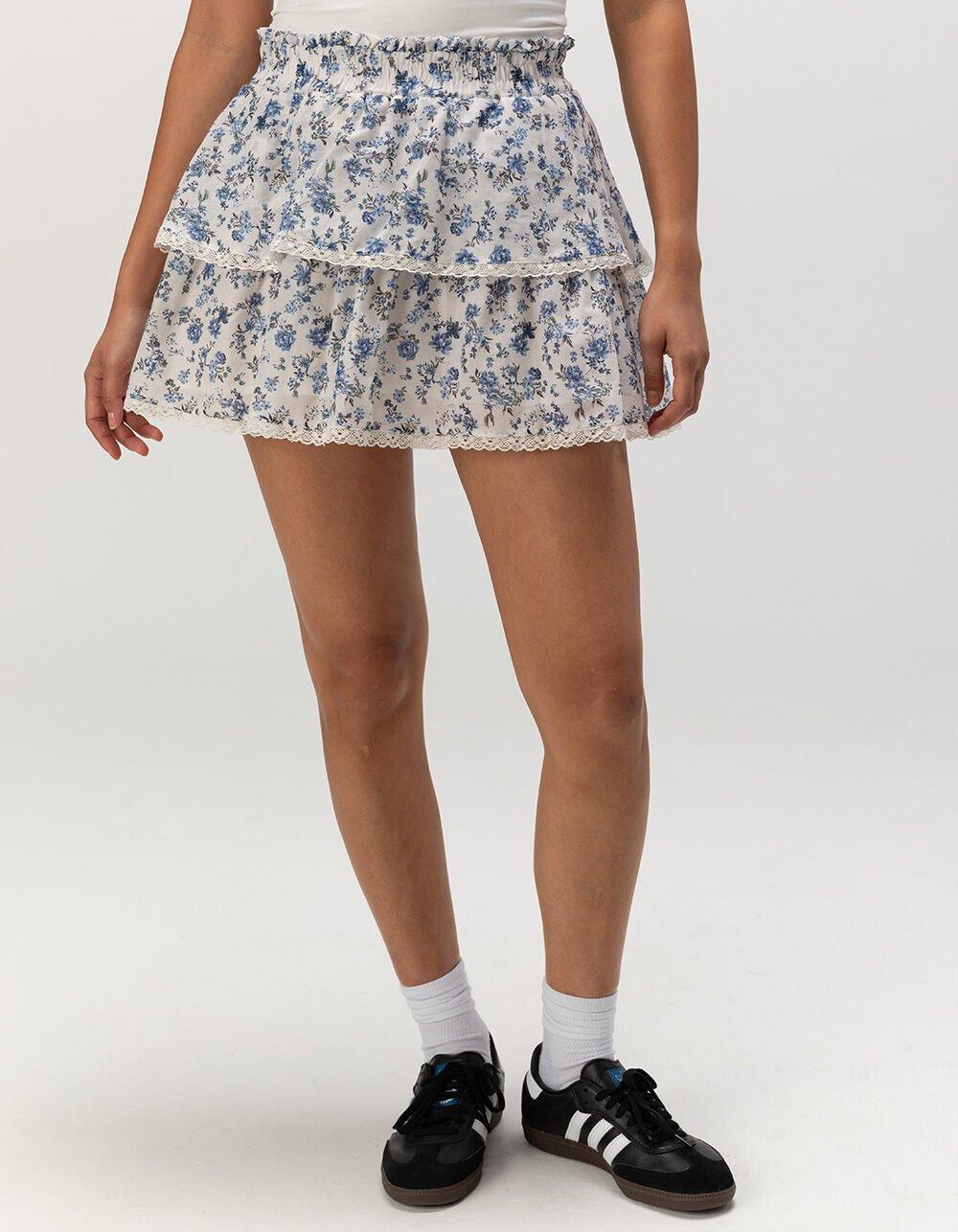RSQ Womens Mid Rise Woven Tier Mini Skirt - WHT/BLUE Product Image