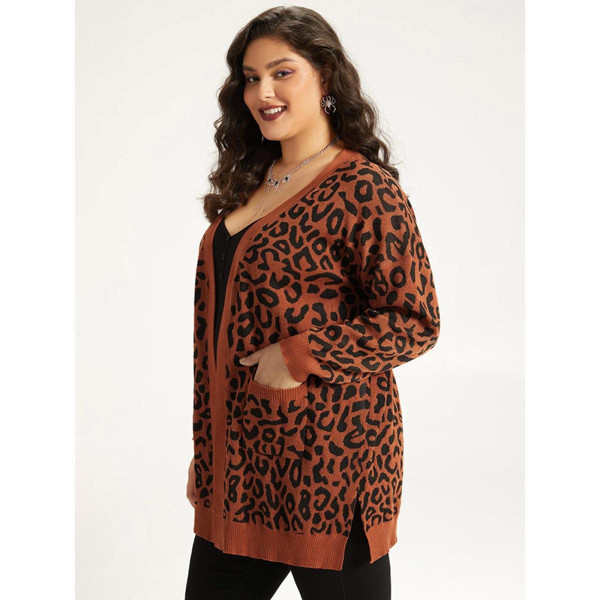 Plus Size Halloween Leopard Print Patched Pocket Split Side Cardigan Leopard Women Casual Loose Long Sleeve Festival-Halloween Cardigans BloomChic 22-24/3X Product Image