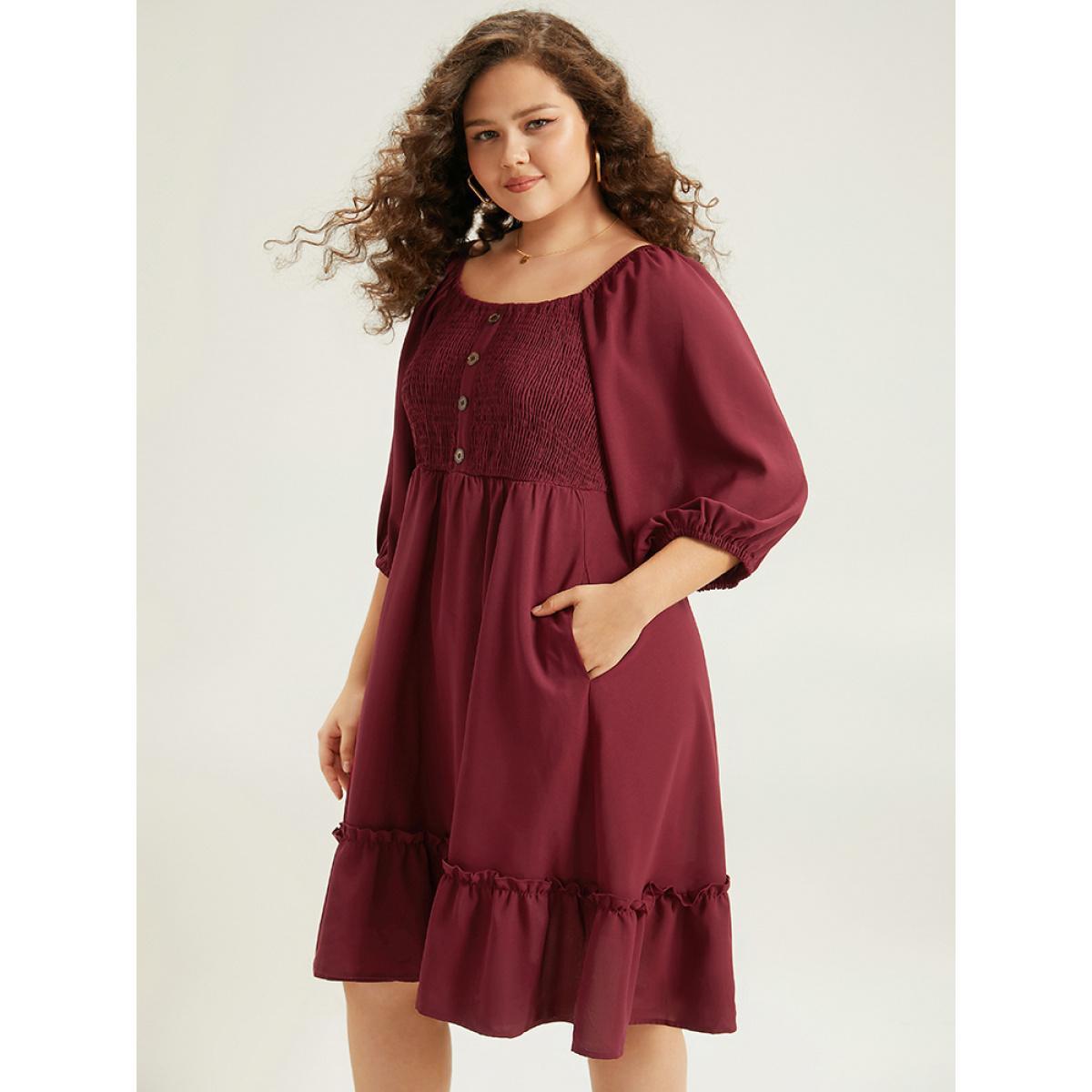 Plus Size Shirred Pocket Button Detail Frill Trim Dress Burgundy Women Casual Elastic cuffs Square Neck Elbow-length sleeve Curvy Knee Dress BloomChic 28/5X Product Image