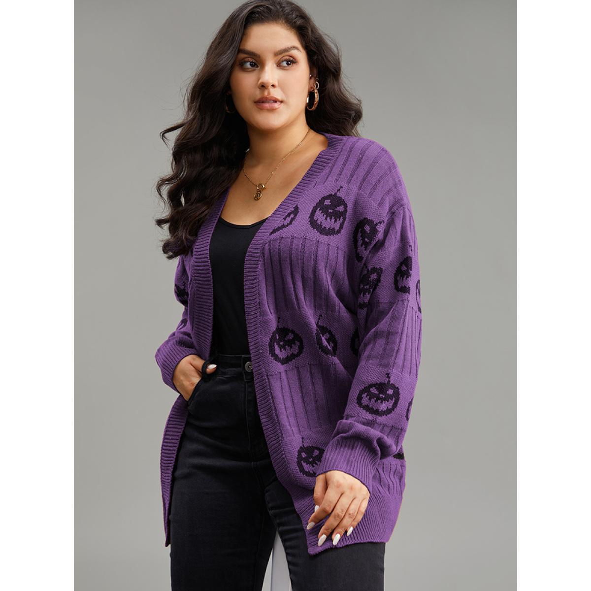 Plus Size Halloween Pumpkin Graphic Open Front Cardigan Purple Women Casual Loose Long Sleeve Festival-Halloween Cardigans BloomChic 22-24/3X Product Image