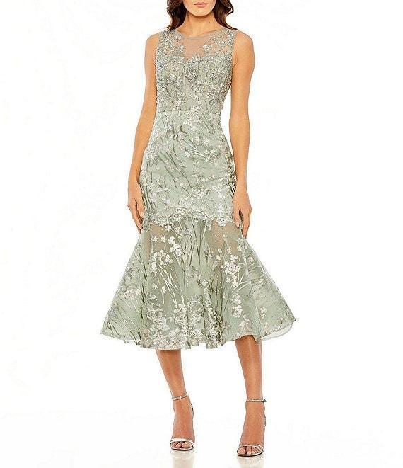 Mac Duggal Sleeveless Embroidered Illusion Ruffle Hem Midi Dress Product Image