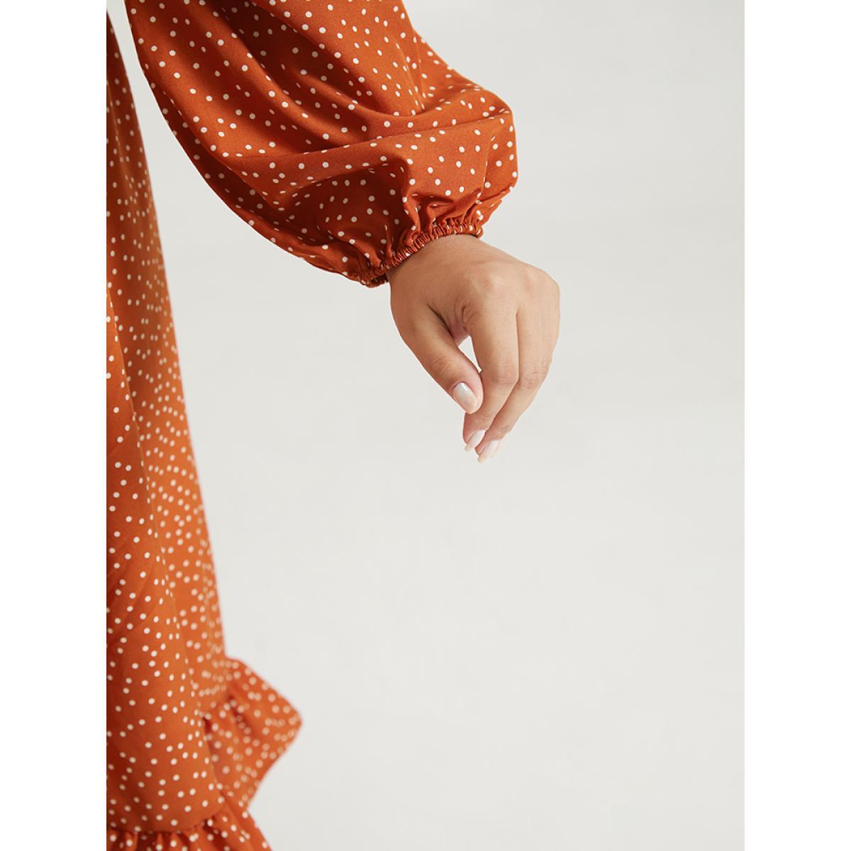 Plus Size Polka Dot Ruched Square Neck Dress Rust Women Elegant Elastic cuffs Square Neck Long Sleeve Curvy Midi Dress BloomChic 14-16/1X Product Image