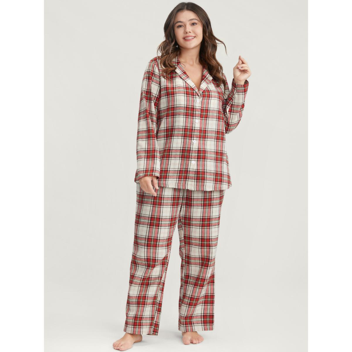 Plus Size Plaid Lapel Collar Button Up Pajama Set Women Scarlet Plaid Elastic Waist Long Sleeve Lapel Collar Casual Loungewear Sets BloomChic 12/L Product Image