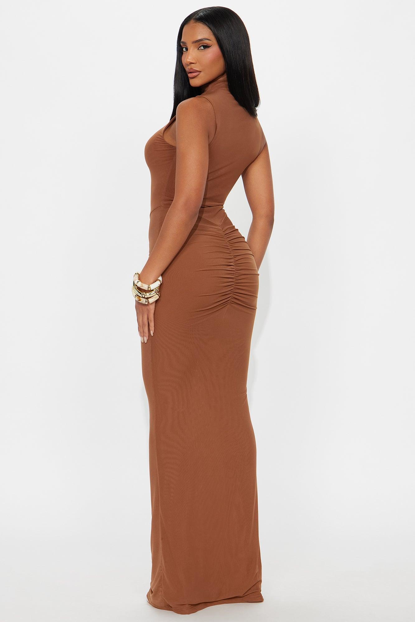 Vivian Sheer Mock Neck Maxi Dress - Cognac Product Image