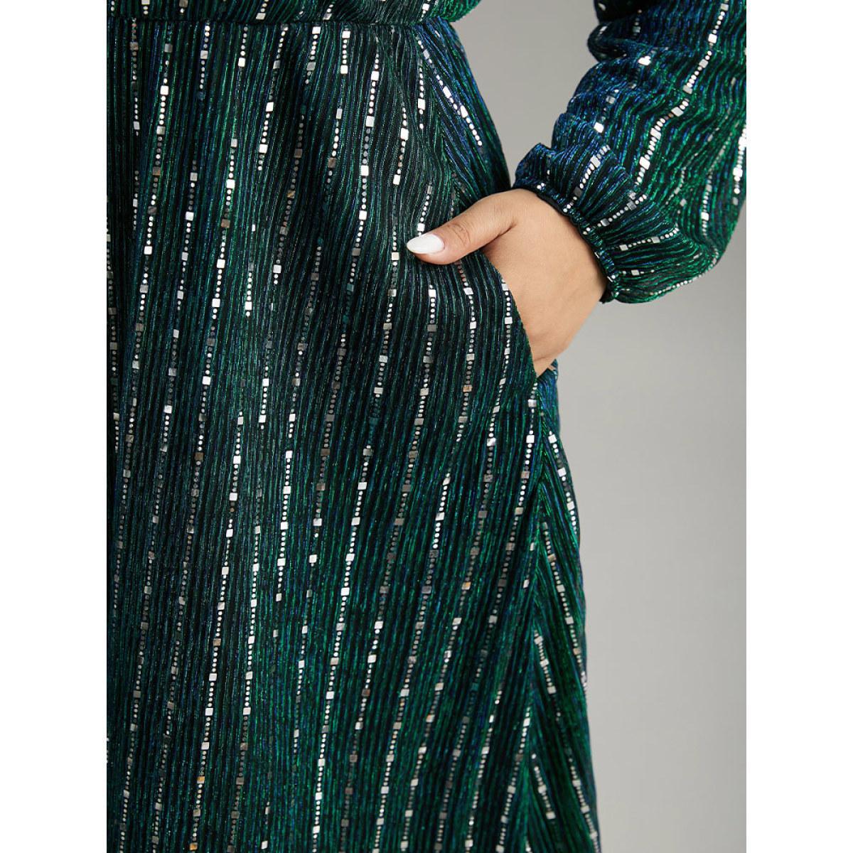 Plus Size Sequin Mesh V Neck Elastic Waist Dress DarkSlateGray Women Cocktail Sequin V-neck Long Sleeve Curvy Midi Dress BloomChic 30/6X Product Image