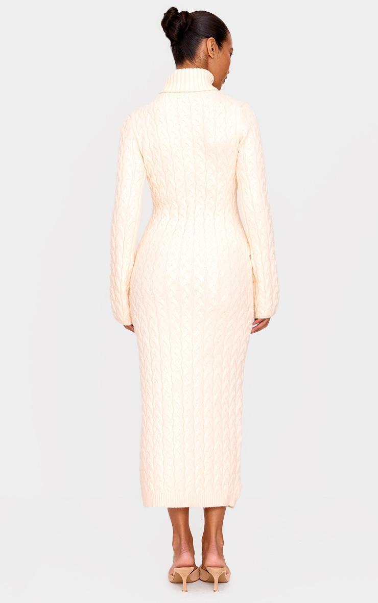 Oatmeal Chunky Cable Knit Roll Neck Maxi Sweater Dress Product Image
