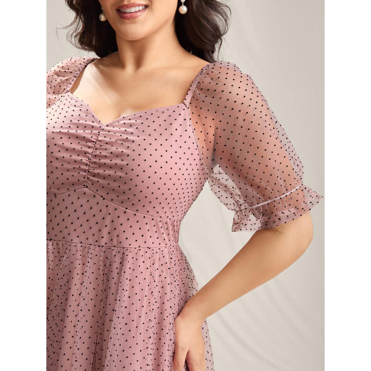 Plus Size Polka Dot Print Ruched Textured Midi Dress DustyPink Women Heart neckline Short sleeve Curvy BloomChic 12/L Product Image