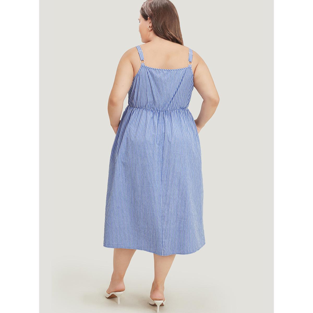 Plus Size Striped Print Ruffle Hem Pocket Spaghetti Strap Dress Stone Women Office Adjustable Straps Spaghetti Strap Sleeveless Curvy Midi Dress BloomChic 12/L Product Image