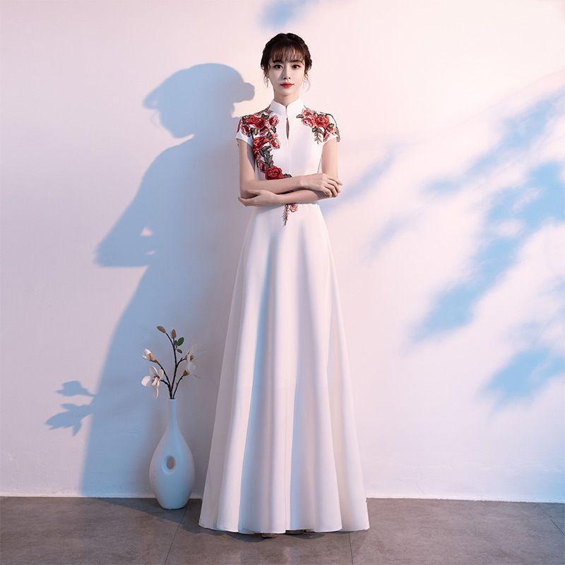 Short-Sleeve Floral Embroidered Qipao Evening Gown Product Image