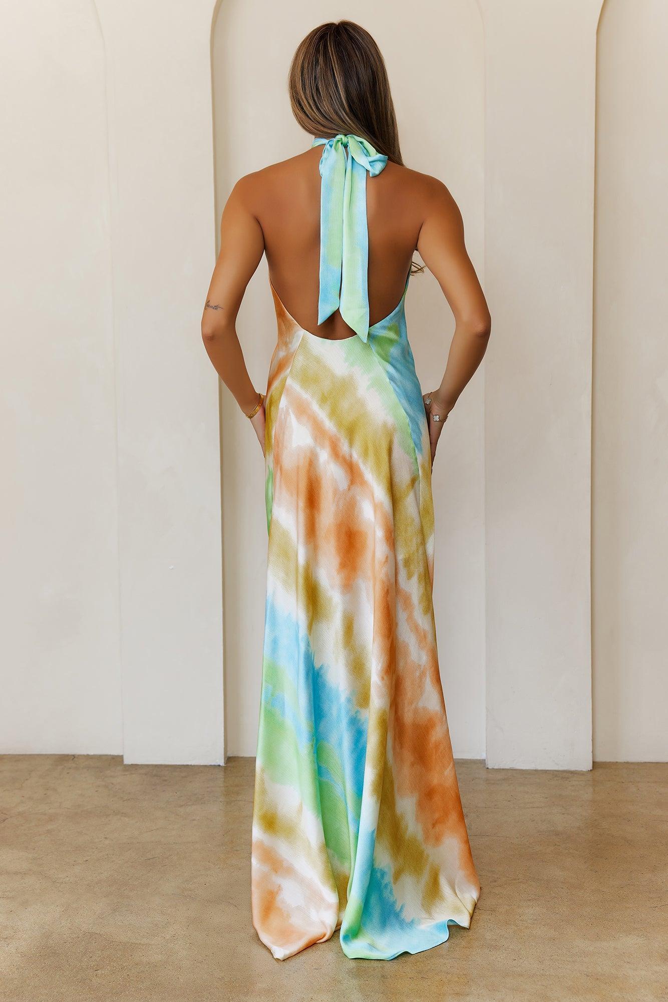 Pastel Whirl Halter Maxi Dress Green Product Image