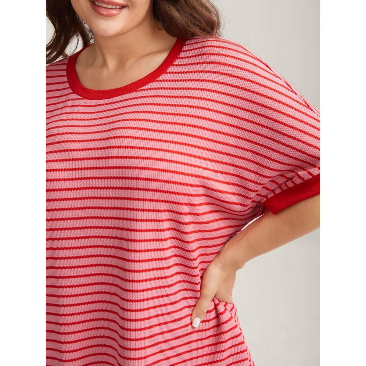 Plus Size Romantic Stripes Contrast T-Shirt Blush Women Gathered Round Neck Loose Everyday-Casual T-shirts BloomChic 18-20/2X Product Image