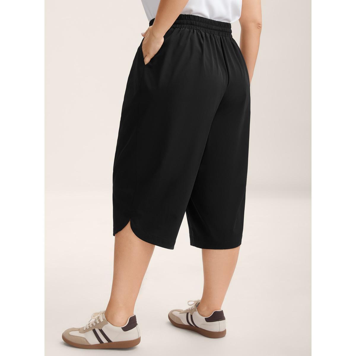 Plus Size Shirred Waist Tie Straight-Leg Crop Pants Women Black Casual Straight Leg Mid Rise Everyday-Casual Pants BloomChic 30/6X Product Image