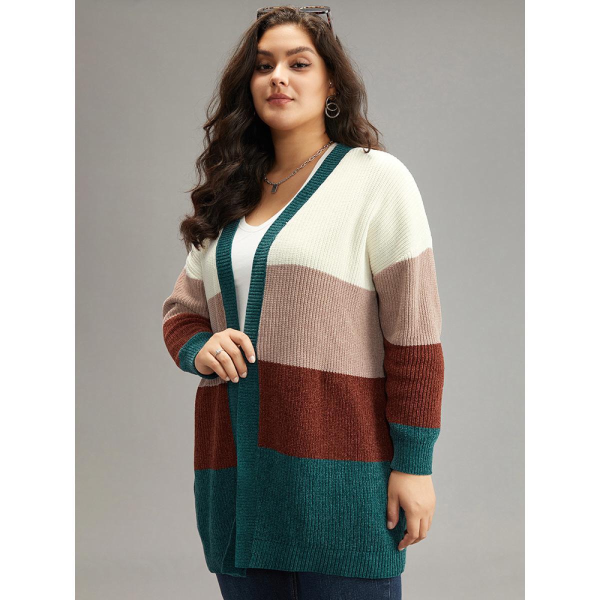 Plus Size Colorblock Contrast Open Front Cardigan Multicolor Women Casual Loose Long Sleeve Festival-Christmas Cardigans BloomChic 30/6X Product Image