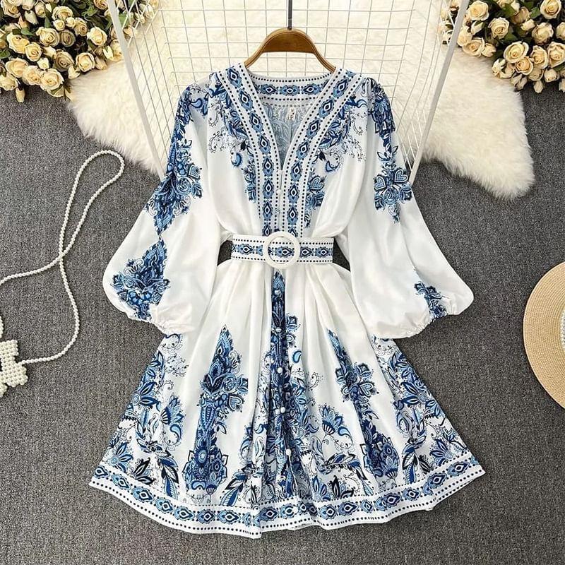 Puff-Sleeve V-Neck Print A-Line Tunic Dress Product Image