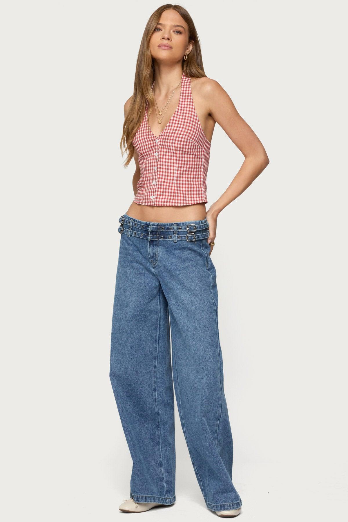 Evan Gingham Button Up Halter Top Product Image