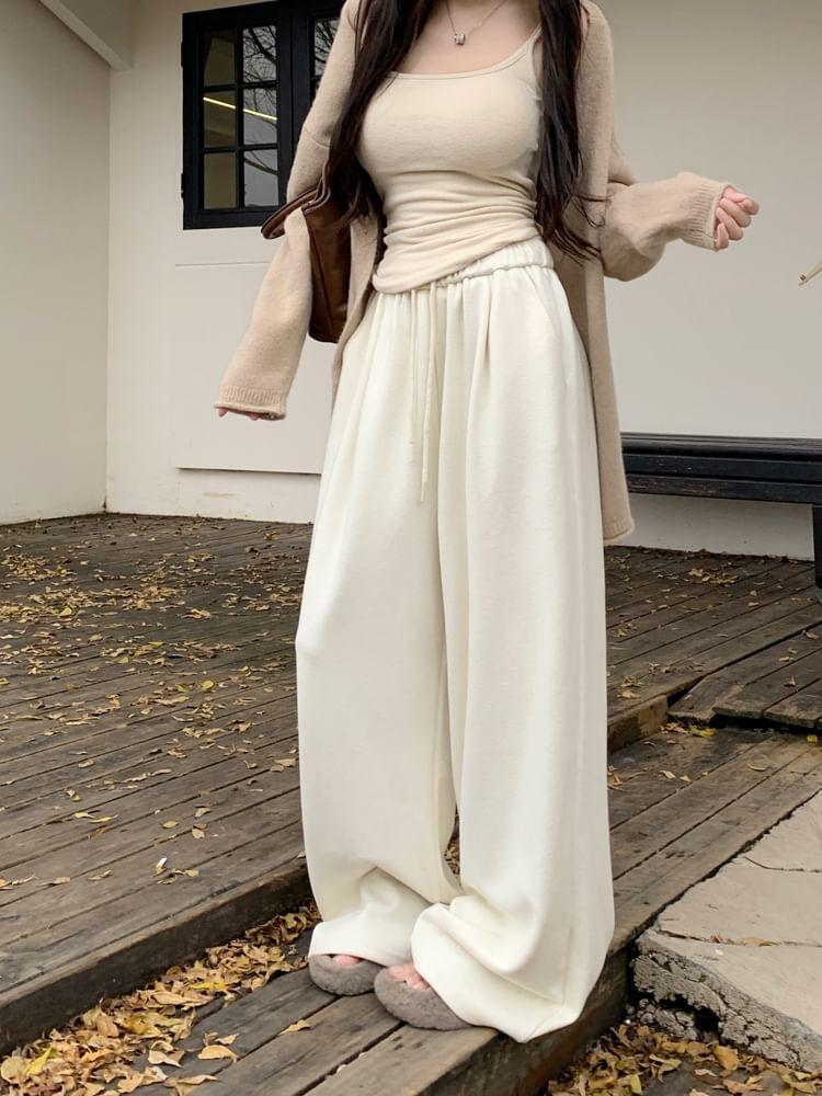 Drawstring Waist Plain Wide Leg Pants Product Image