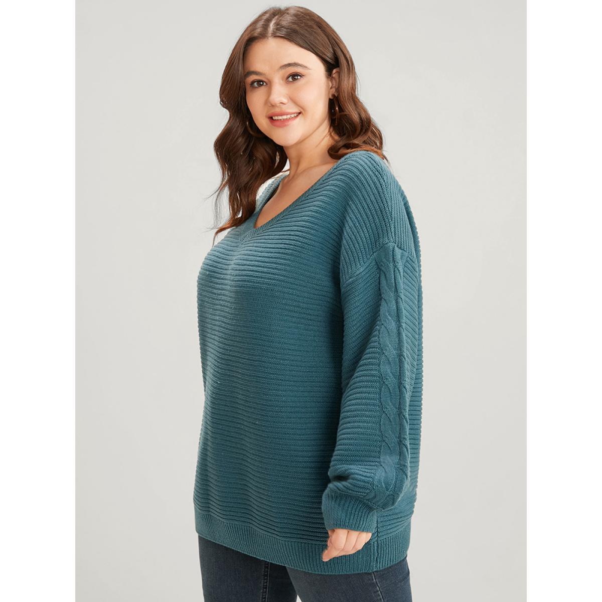 Plus Size Solid Pointelle Knit V Neck Lantern Sleeve Cable Knit Top Emerald Women Casual Loose Long Sleeve V-neck Dailywear Pullovers BloomChic 10/M Product Image