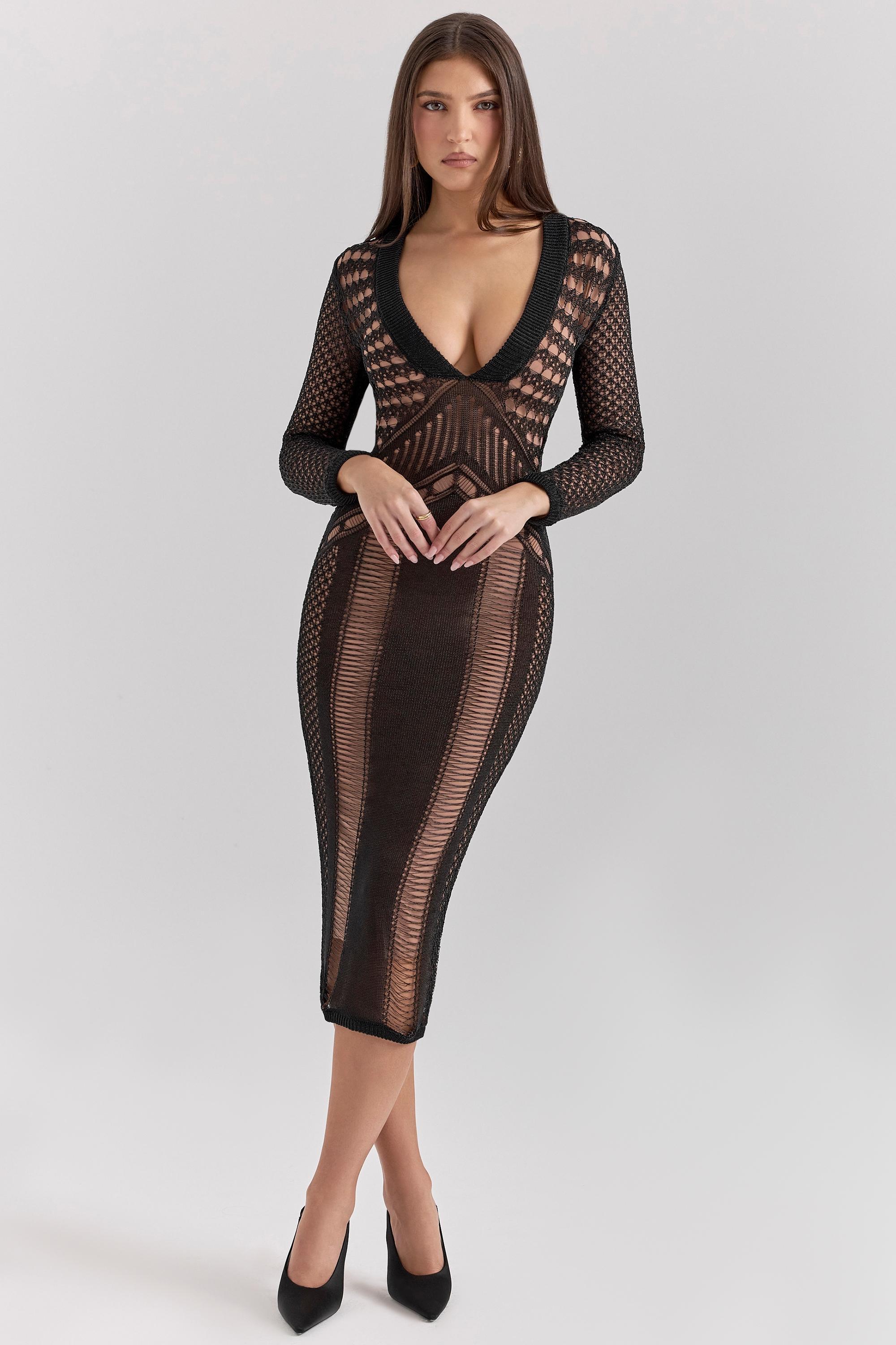 Loula  black plunge open knit midi dress - sale Product Image