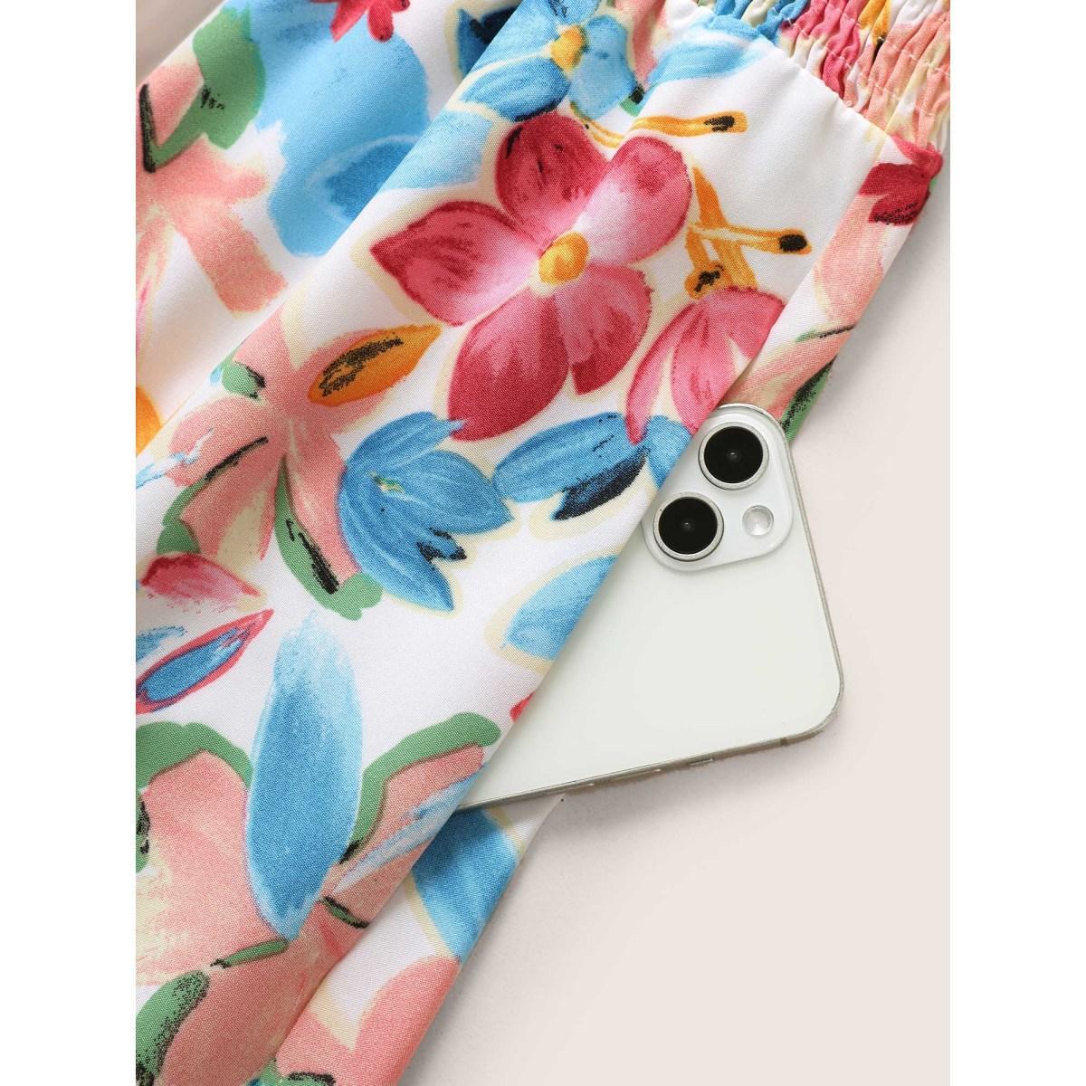 Plus Size Floral Overlap Collar Shirred Ruffle Sleeve Dress White Women Elegant Overlapping Overlap Collar Short sleeve Curvy BloomChic 22-24/3X Product Image