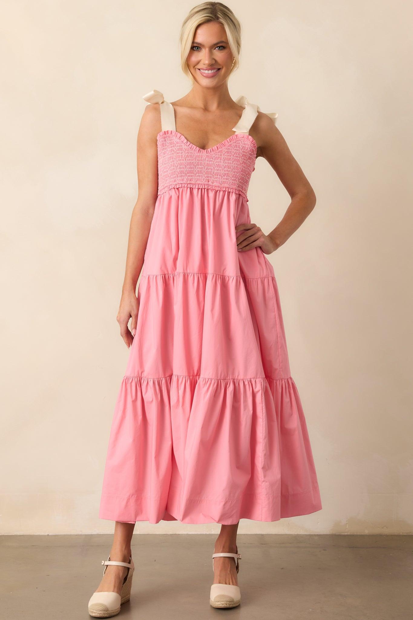 The Felicity Pink Coral Cotton Midi Dress Product Image