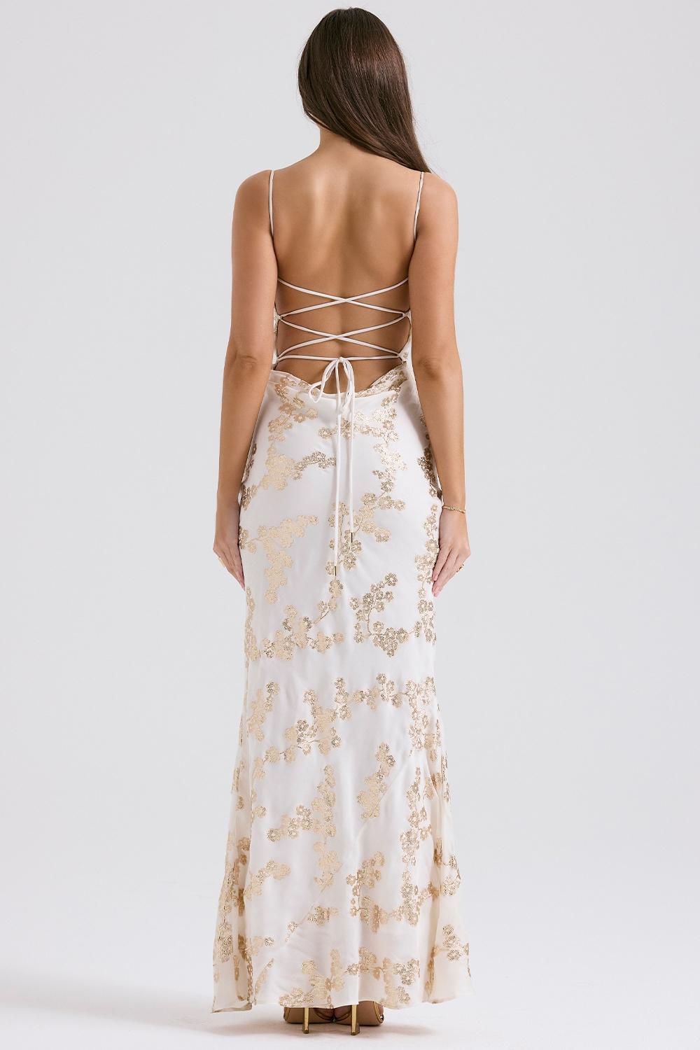 Capriana  white & gold jacquard satin gown Product Image