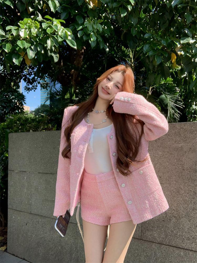 Tweed Button-Up Jacket / High Waist Shorts Product Image