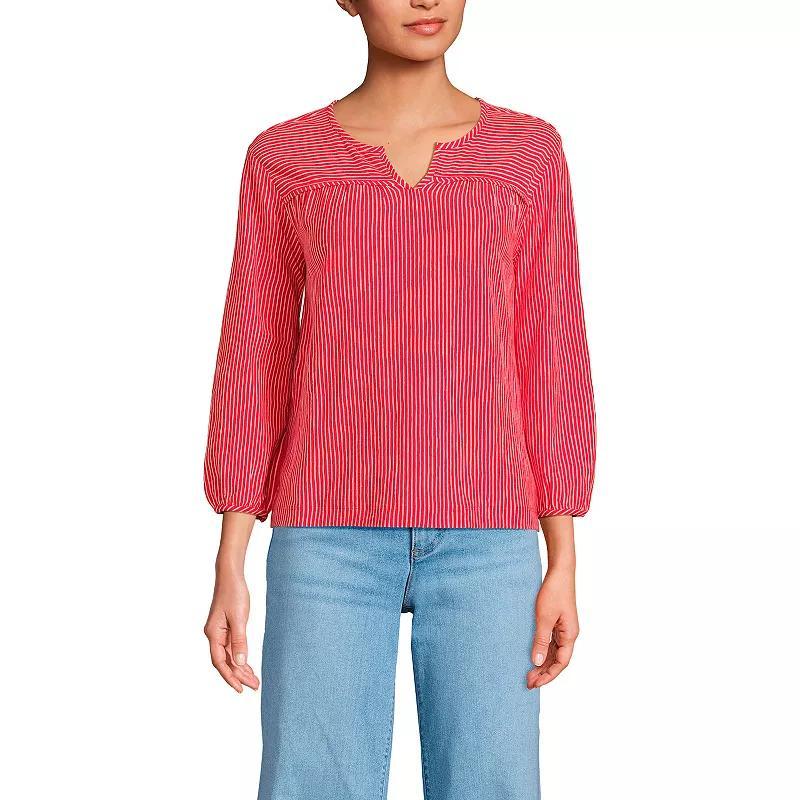 Women's Lands' End 3/4 Sleeve Slub Notch Neck Top, Size: Large, White Green Stripe Product Image