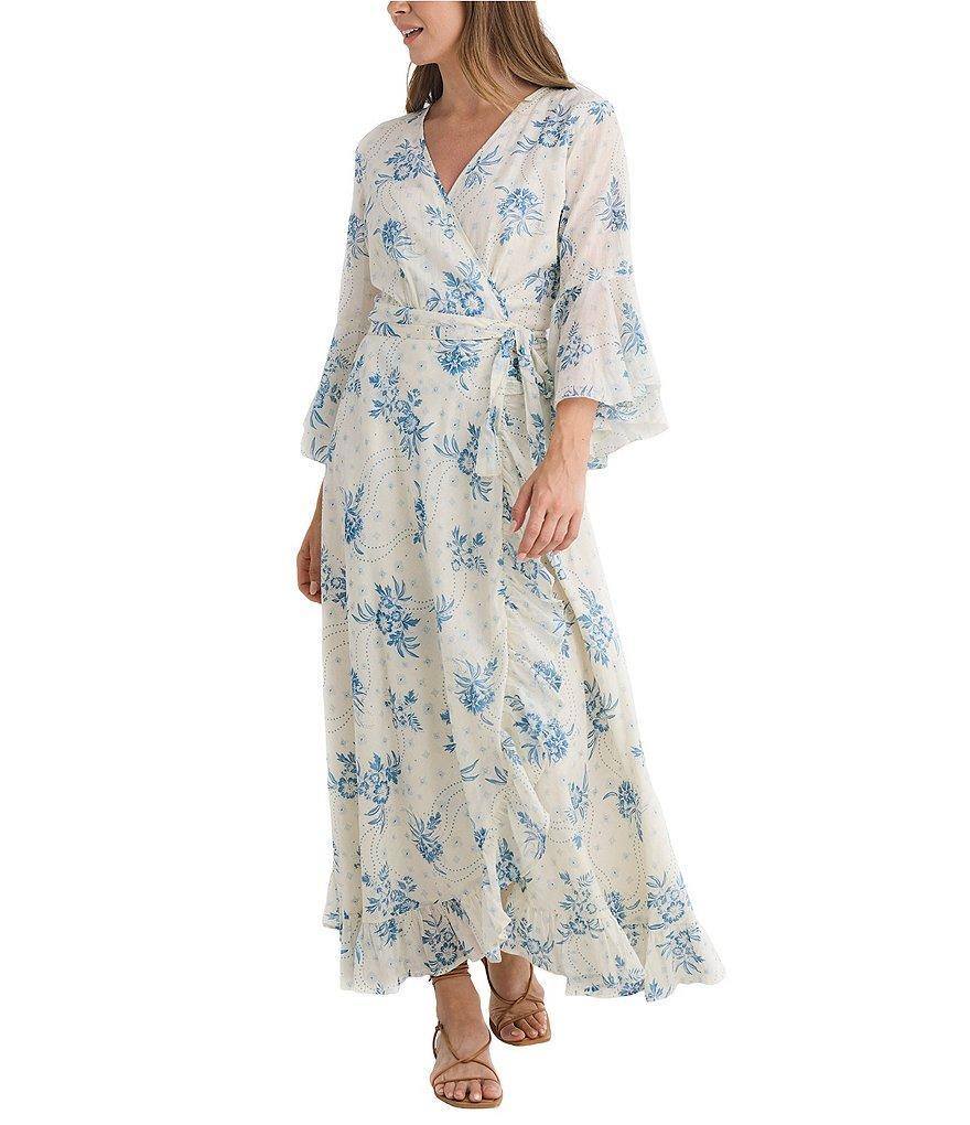 Talisman Carly Bluebell Woven Floral Print V-Neck 3/4 Bell Sleeve Wrap Dress Product Image