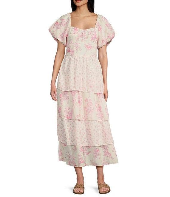 Midnight Doll Floral Print Short Puff SleeveTiered Maxi Dress Product Image