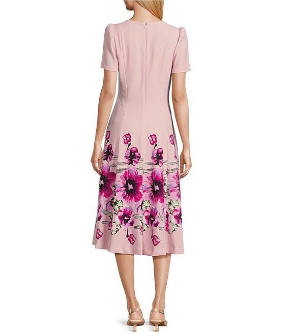 Investments Scuba Crepe Lilac Floral Border Short Sleeve Fit and Flare V-Neck Midi Dress Product Image