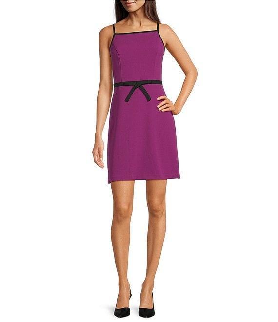 Adrianna Papell Square Neck Contrast Bow Trim A-Line Crepe Dress Product Image