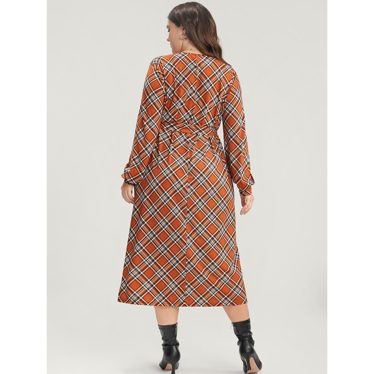 Plus Size Tartan Round Neck Pocket Belted Midi Dress Chocolate Women Elegant Belted Round Neck Long Sleeve Curvy Midi Dress BloomChic 30/6X Product Image