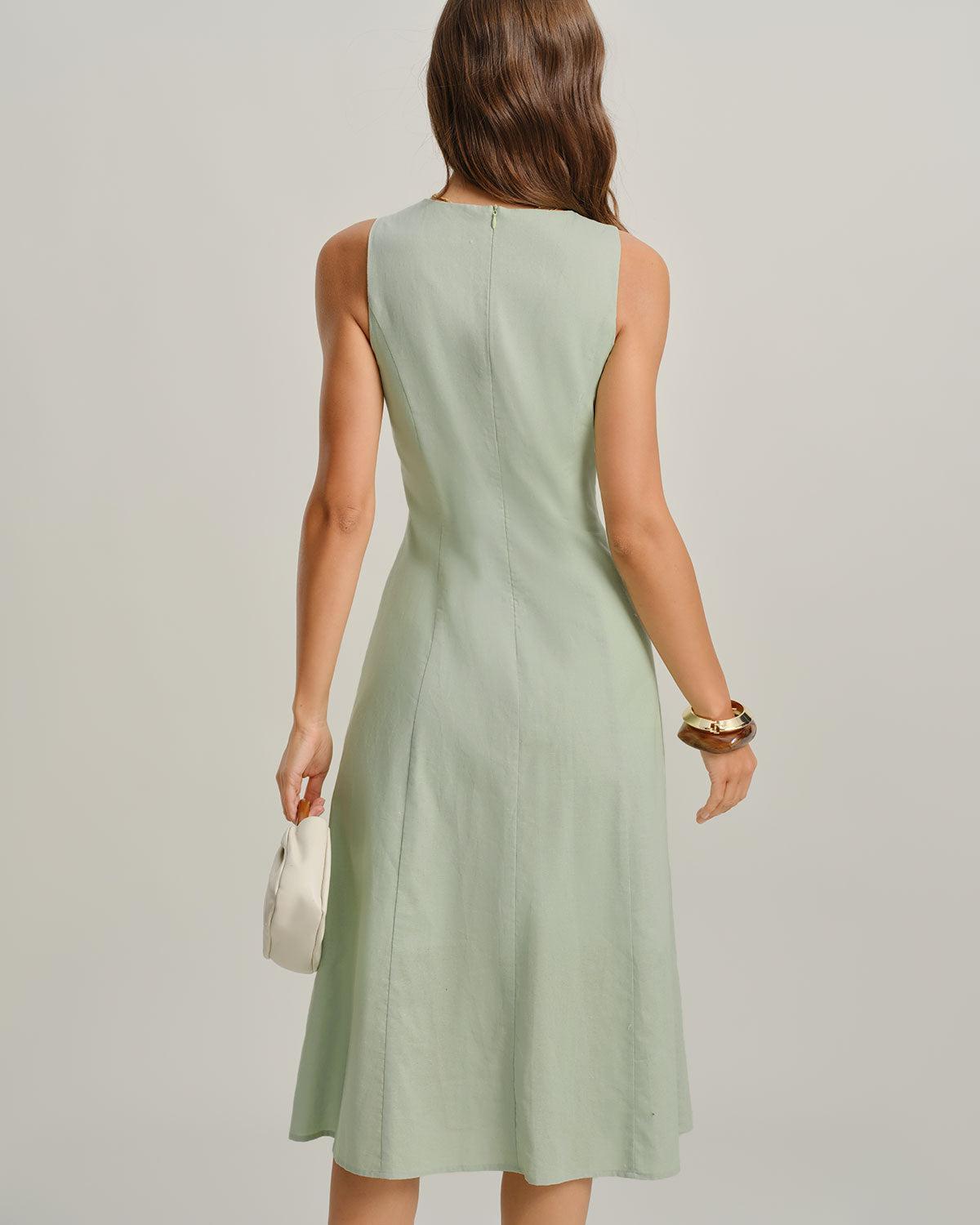 Green Round Neck Sleeveless Midi Dress Product Image