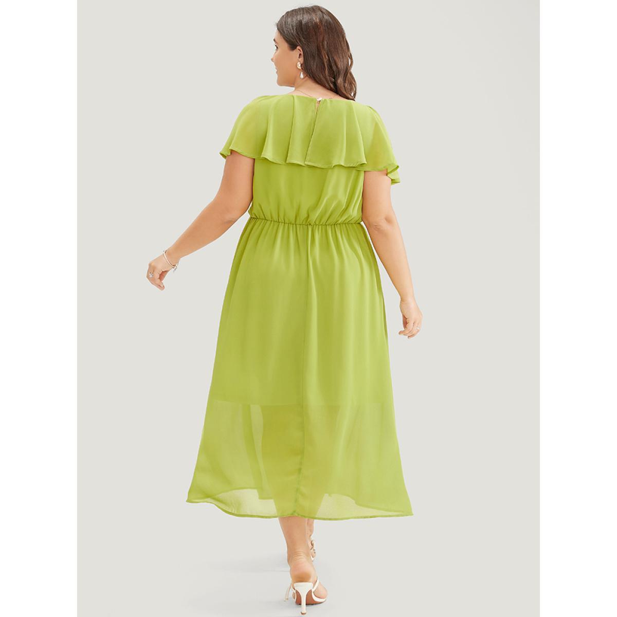 Plus Size Solid Ruffle Trim Pocket Empire Waist Knot Cape Detail Dress YellowGreen Women Elegant Plain V-neck Sleeveless Curvy Midi Dress BloomChic 28/5X Product Image